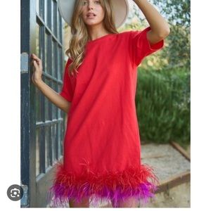 Blue B Red T-Shirt Dress with Feather Trim, L